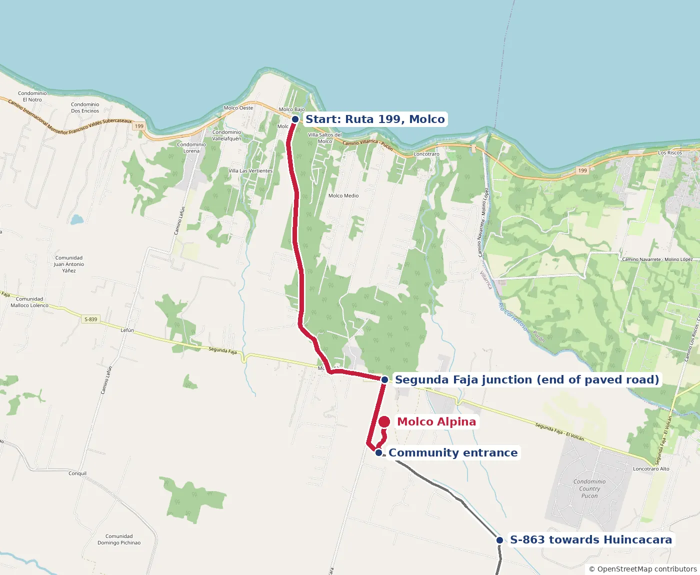 Map of the route from Ruta 199 in Molco, along the S-863, to Molco Alpina, showing the Segunda Faja junction and the community entrance