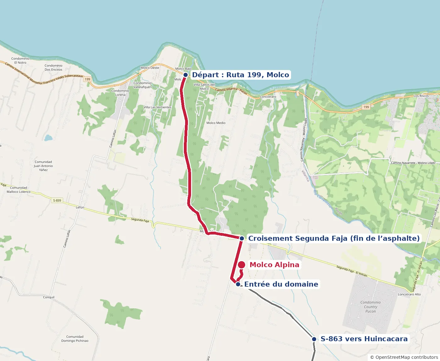 Carte de l’itinéraire depuis la Ruta 199 à Molco, par la S-863, jusqu’à Molco Alpina, avec le croisement de la Segunda Faja et l’entrée du domaine
