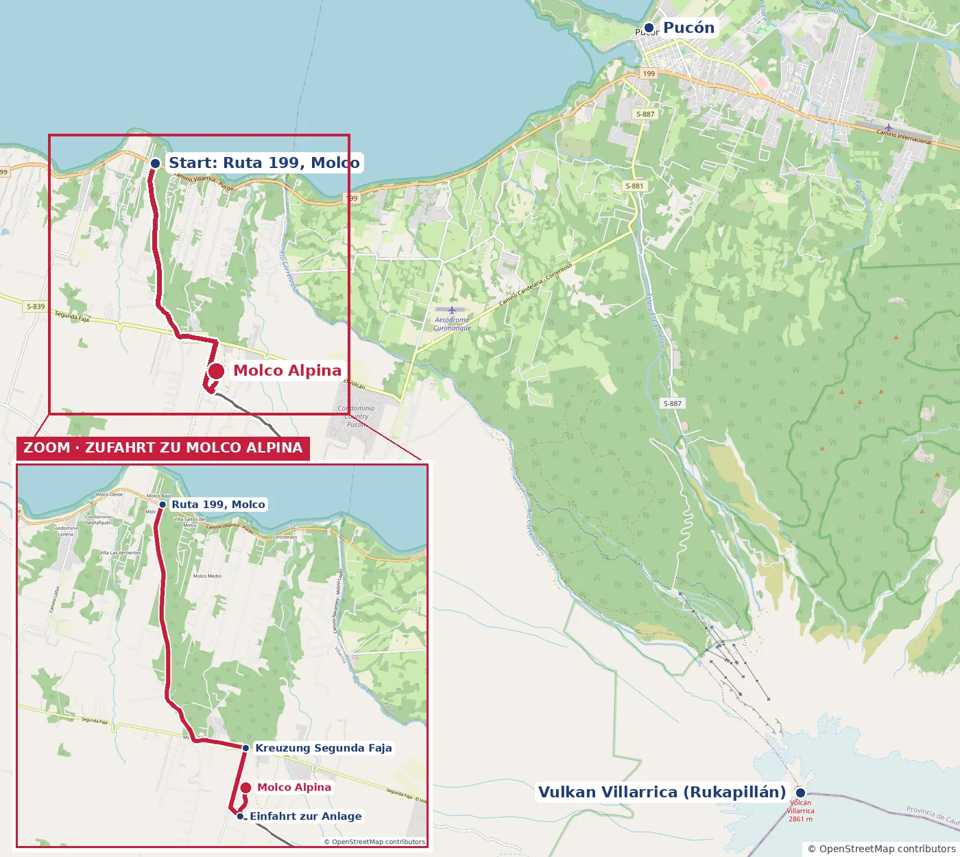 Übersichtskarte mit Pucón, dem See und dem Vulkan Villarrica, der Route zu Molco Alpina in Rot und einem vergrößerten Ausschnitt der Zufahrt zur Hütte