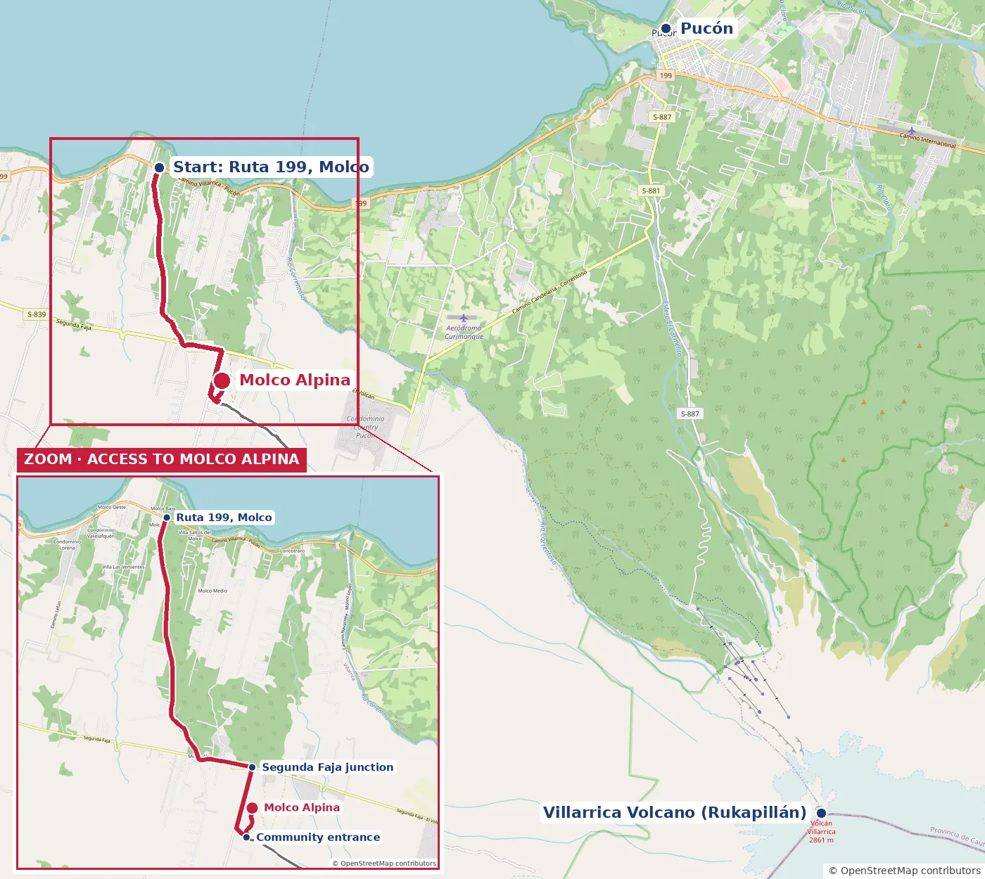 Overview map with Pucón, the lake and Villarrica Volcano, the route to Molco Alpina in red and an enlarged inset of the access to the cabin