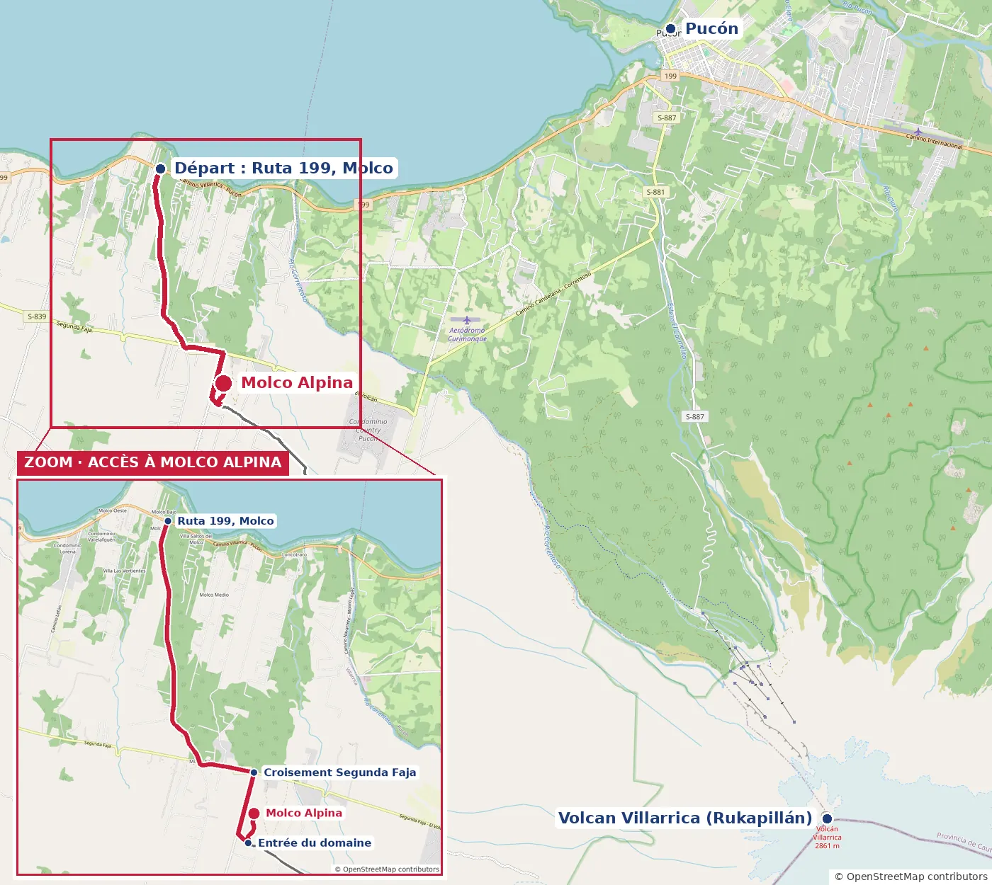 Carte générale avec Pucón, le lac et le volcan Villarrica, l’itinéraire vers Molco Alpina en rouge et un encadré agrandi de l’accès au chalet