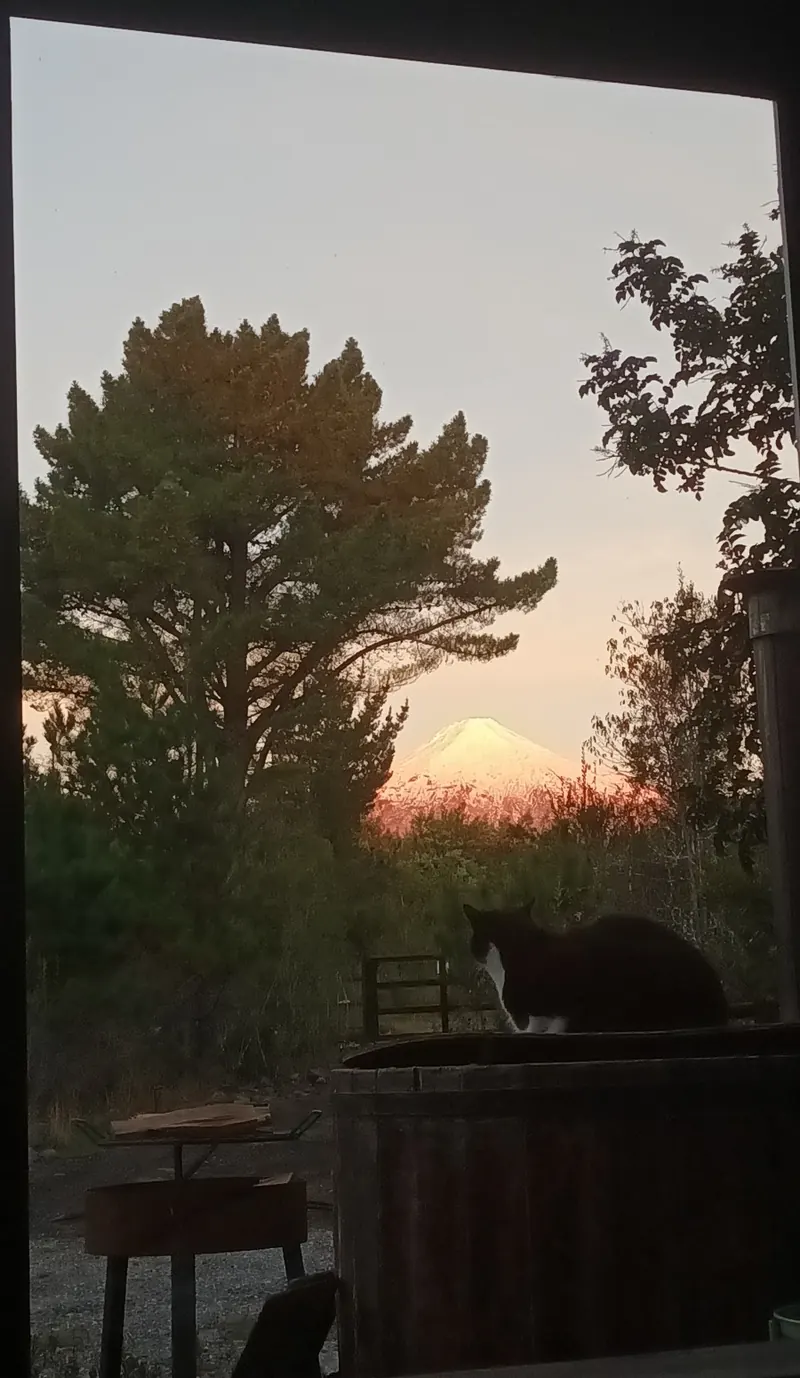 El volcán Villarrica al atardecer, enmarcado por la ventana de la cabaña, con un gato sobre la tinaja